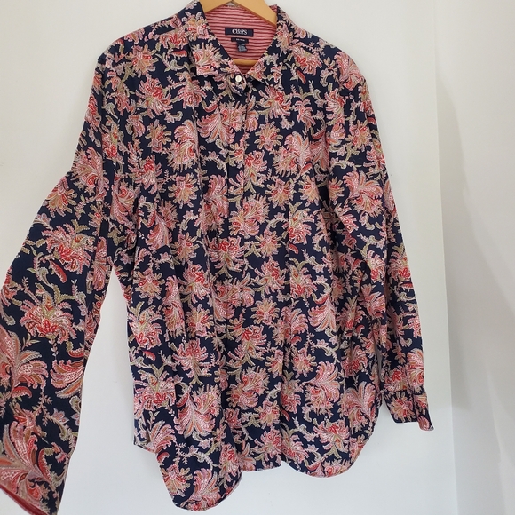 CHAPS 3X Navy Paisley Button Up Long Sleeve Shirt Women NO IRON 100% Cotton - Picture 3 of 11